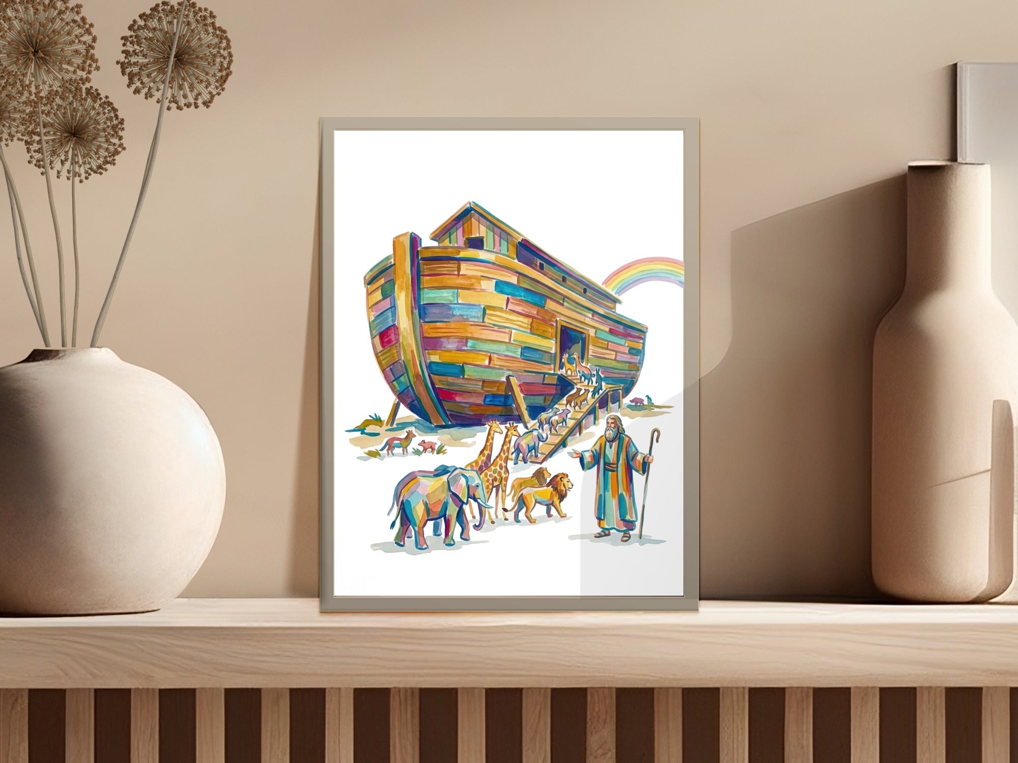 Noah's Ark with animals and a rainbow on a wooden shelf.