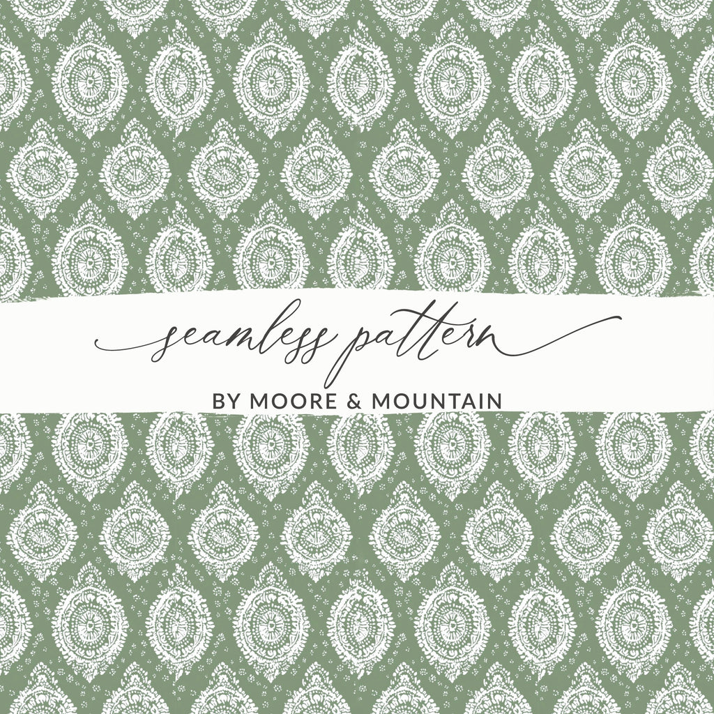 Elegant White Damask on Soft Green Seamless Pattern