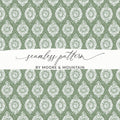 Elegant White Damask on Soft Green Seamless Pattern