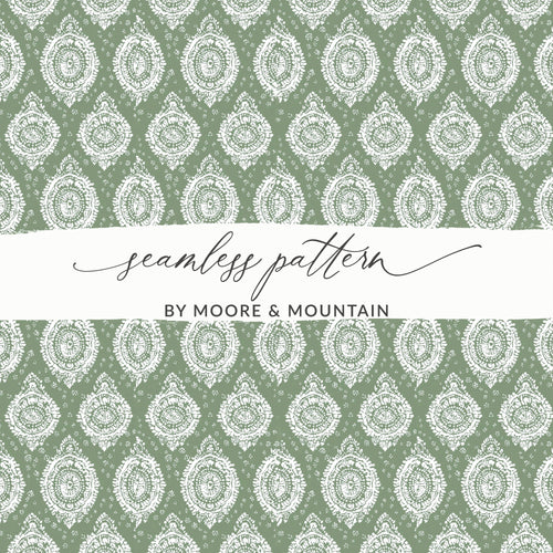 Elegant White Damask on Soft Green Seamless Pattern