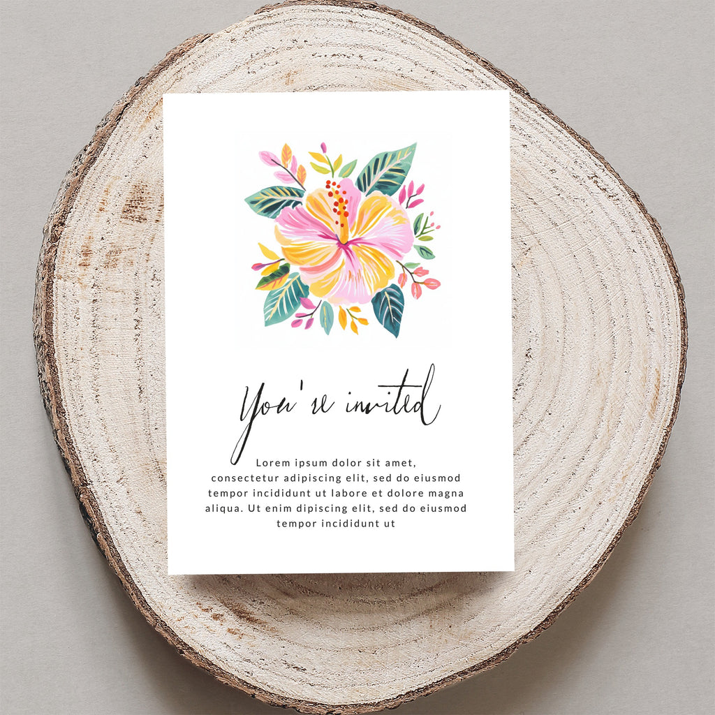 Invitation card with floral illustration and "You're invited" text.