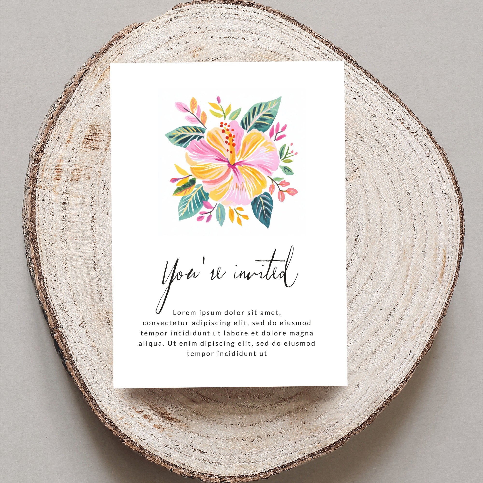 Invitation card with floral illustration and "You're invited" text.