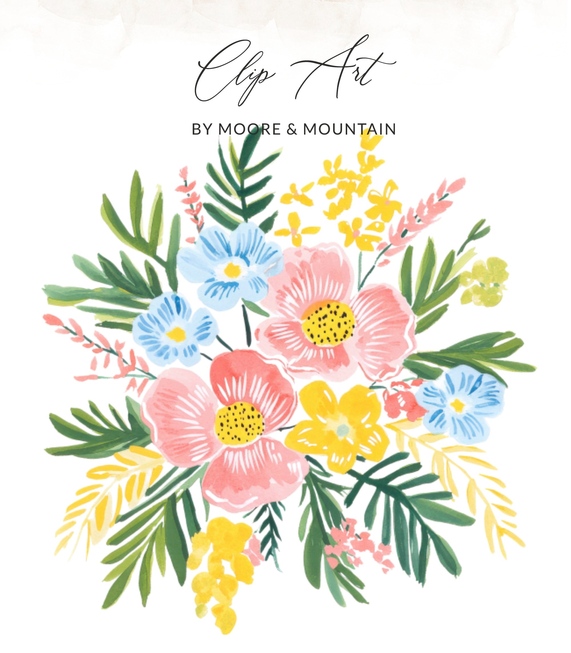 Watercolor floral clip art with pink, blue, and yellow flowers and green leaves.