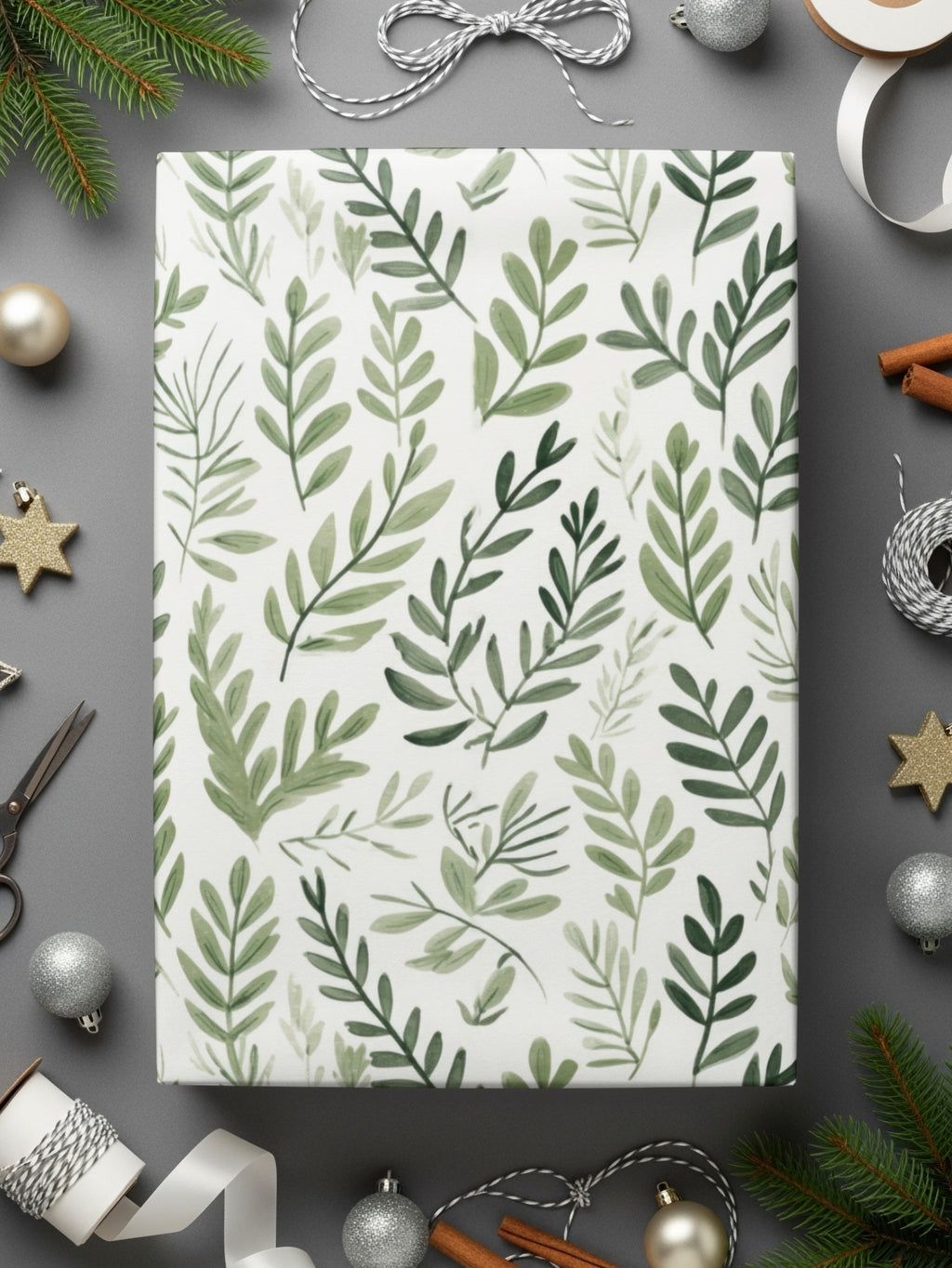 Green and White Leaf Pattern Holiday Wrapping Paper