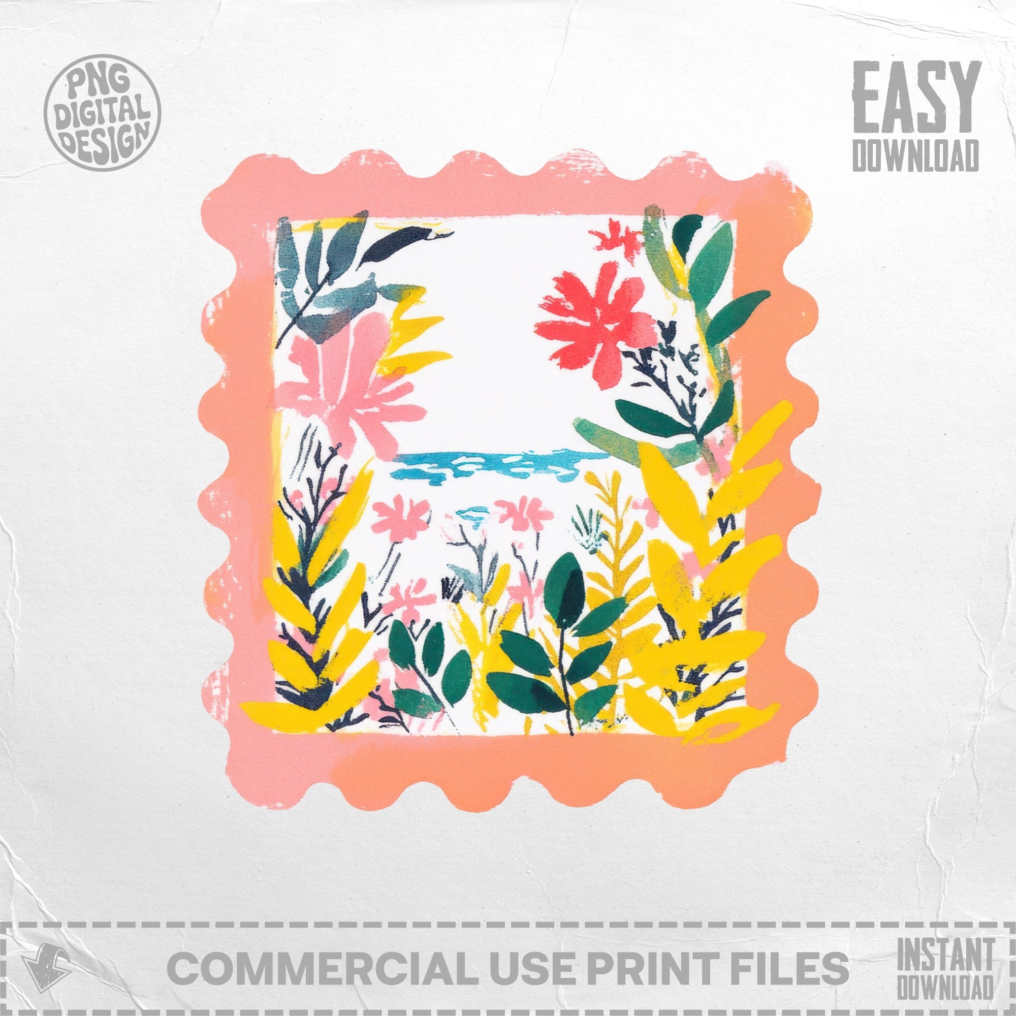 Coral postage stamp frame with floral illustration and "Easy Download" text.