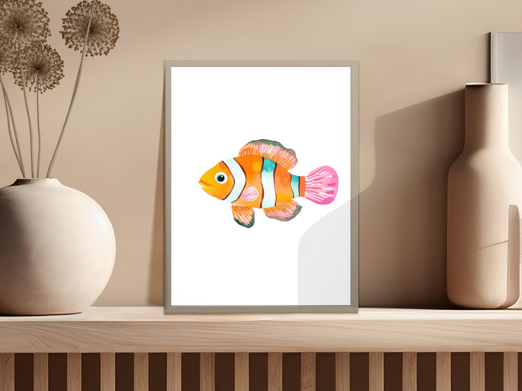 Watercolor painting of a clownfish on a neutral background.
