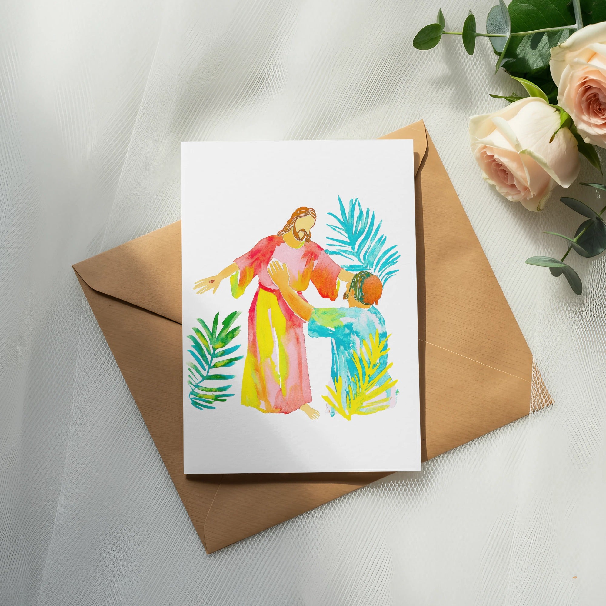 Watercolor card showing Jesus reaching out to a kneeling figure.