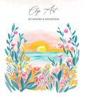 Watercolor sunset over the ocean with vibrant floral foreground.