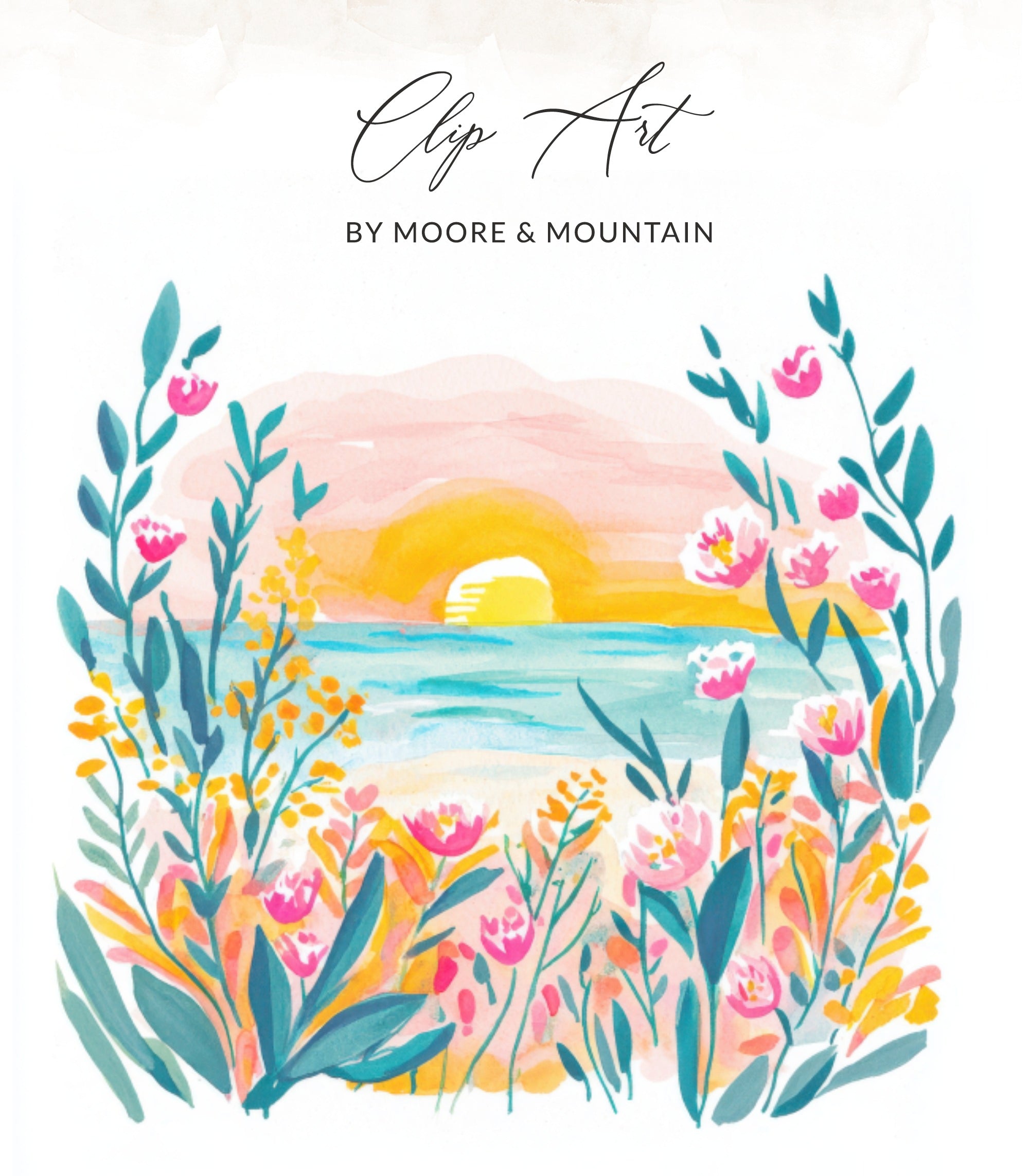 Watercolor sunset over the ocean with vibrant floral foreground.