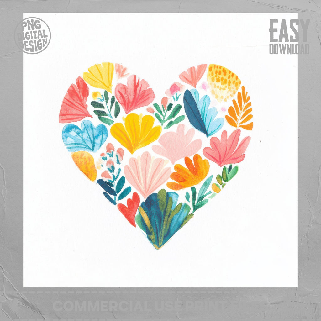 Heart shape filled with colorful, abstract floral illustrations.