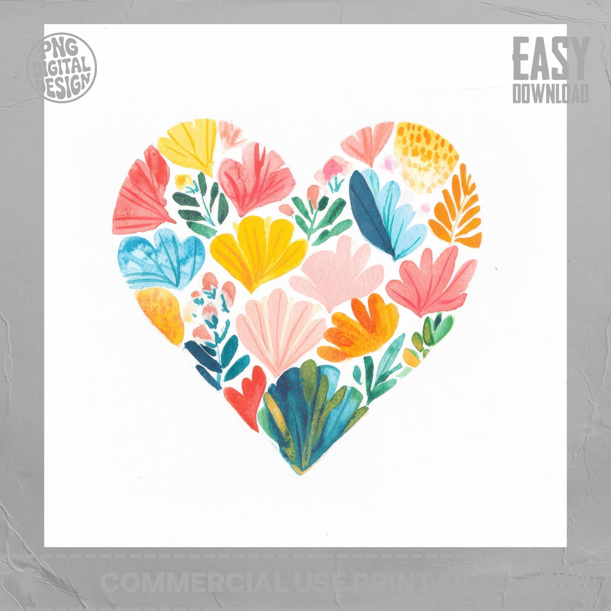 Heart shape filled with colorful, abstract floral illustrations.