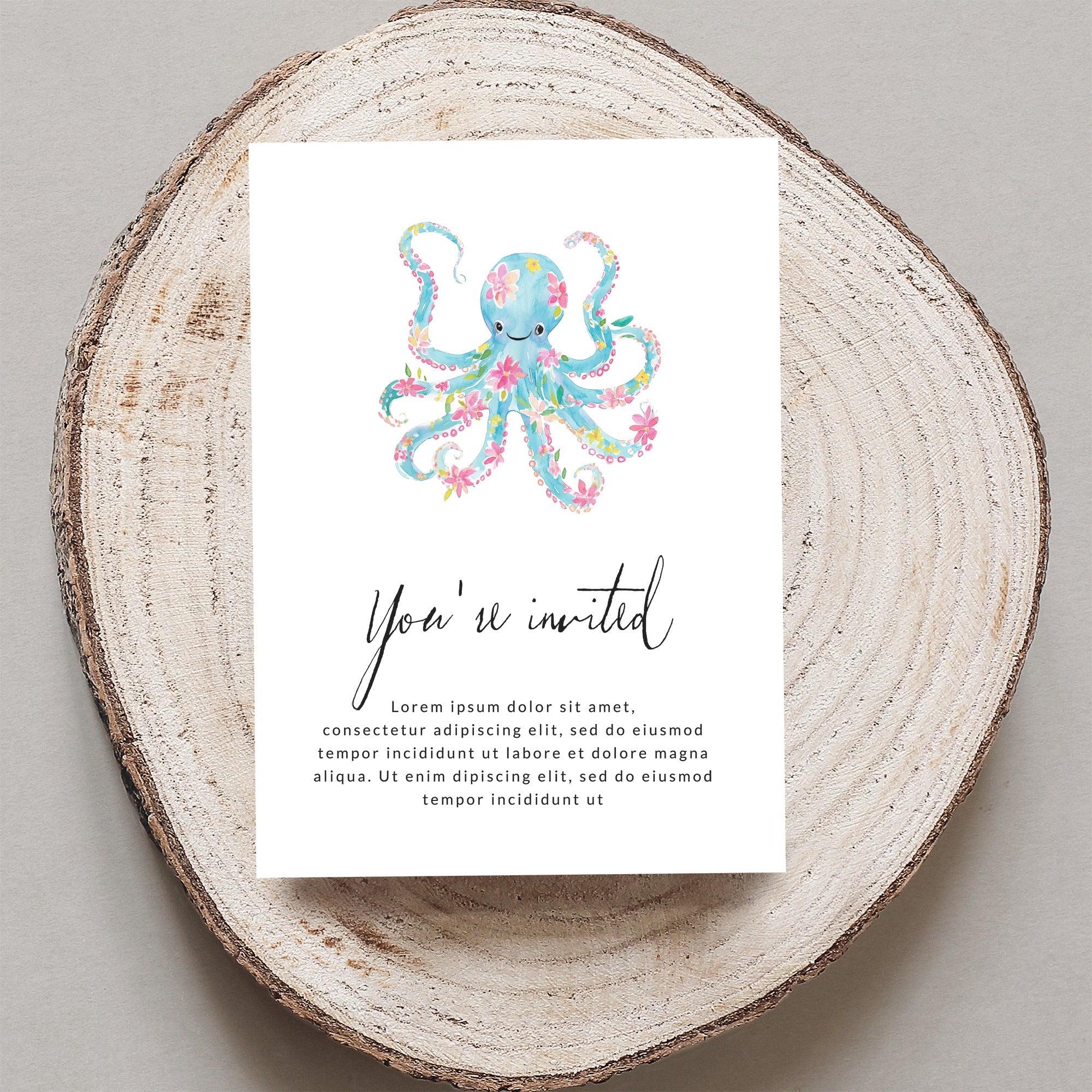 Invitation card with watercolor octopus and floral design, "You're invited" text.