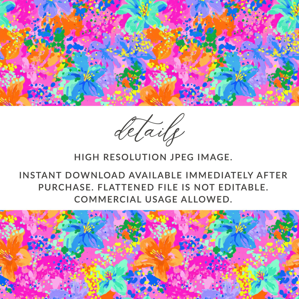 Floral seamless pattern on a bright pink background with text overlay.