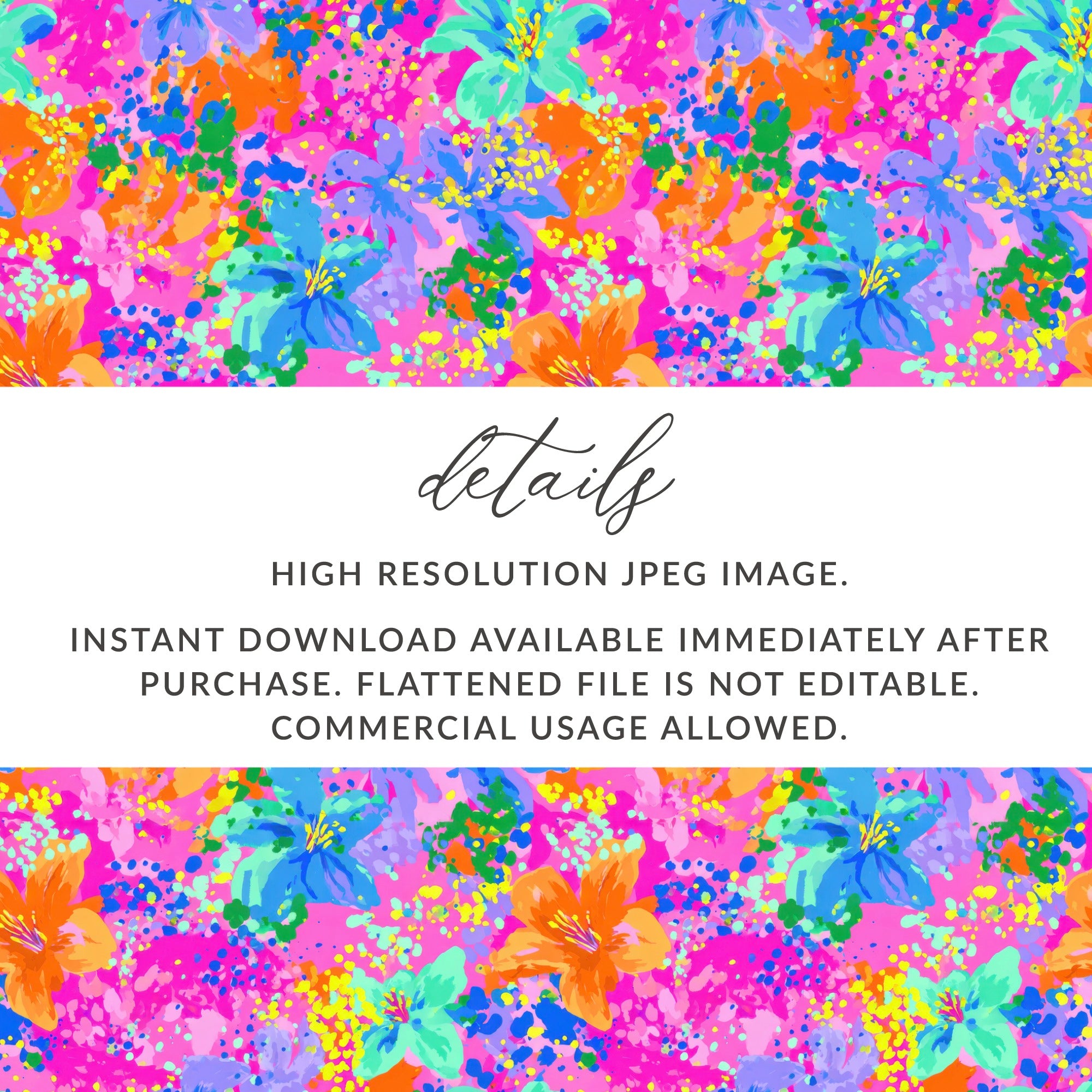 Floral seamless pattern on a bright pink background with text overlay.