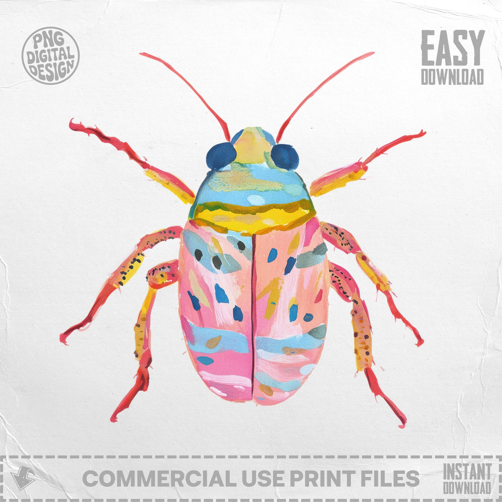 Watercolor illustration of a colorful beetle with "EASY DOWNLOAD" and "COMMERCIAL USE PRINT FILES" text.