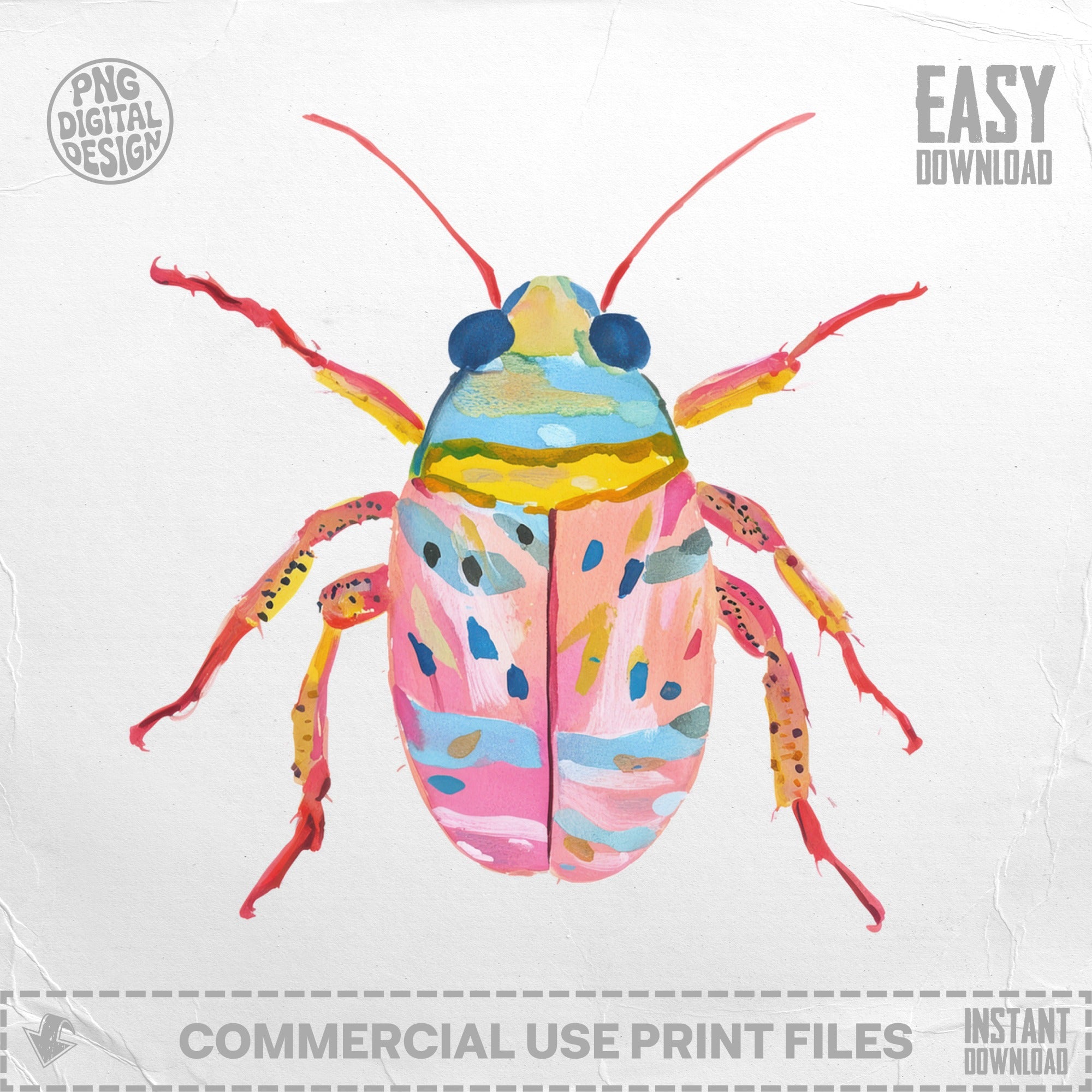 Watercolor illustration of a colorful beetle with "EASY DOWNLOAD" and "COMMERCIAL USE PRINT FILES" text.