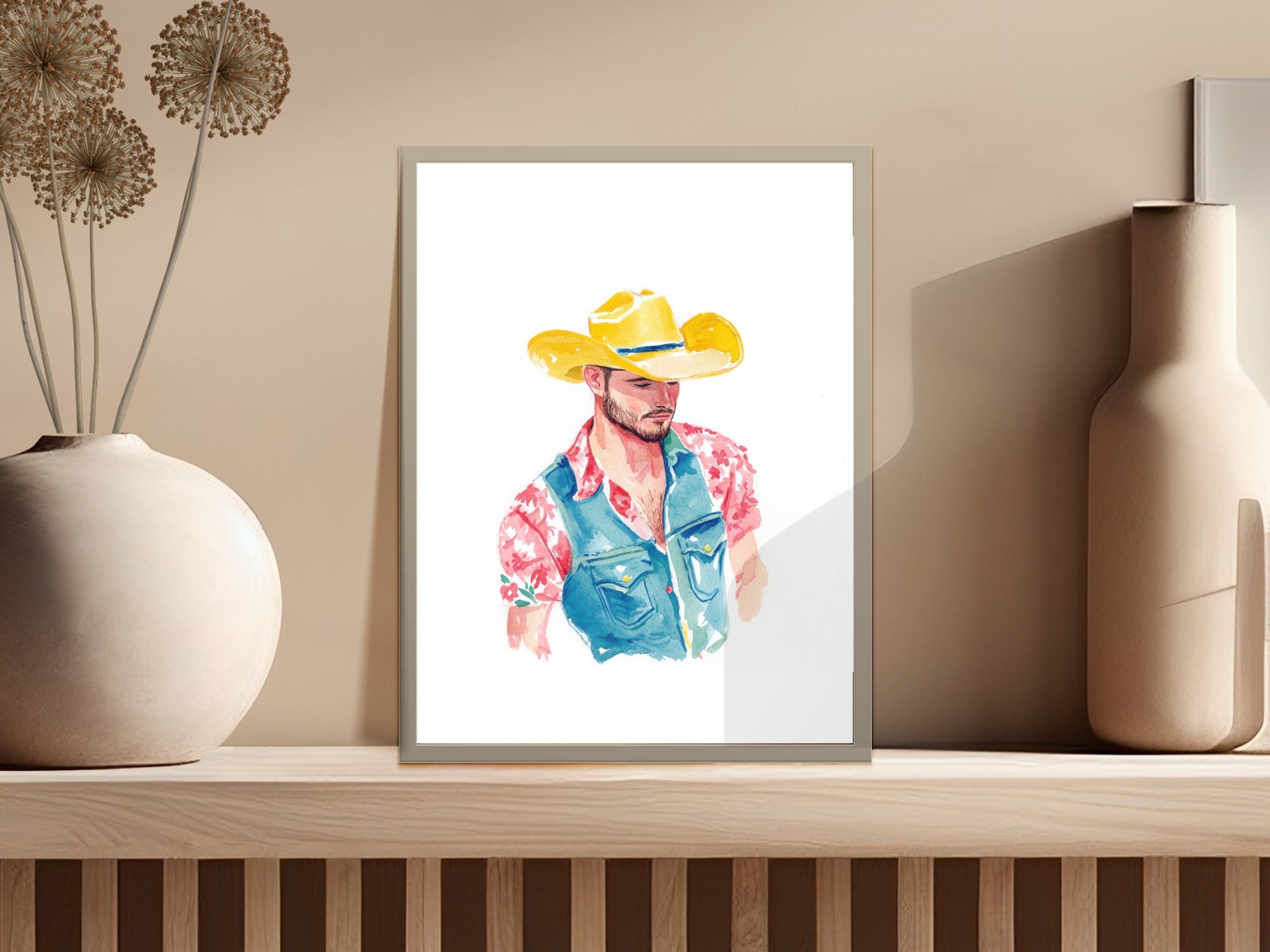 Watercolor illustration of a man in a yellow cowboy hat and denim vest.