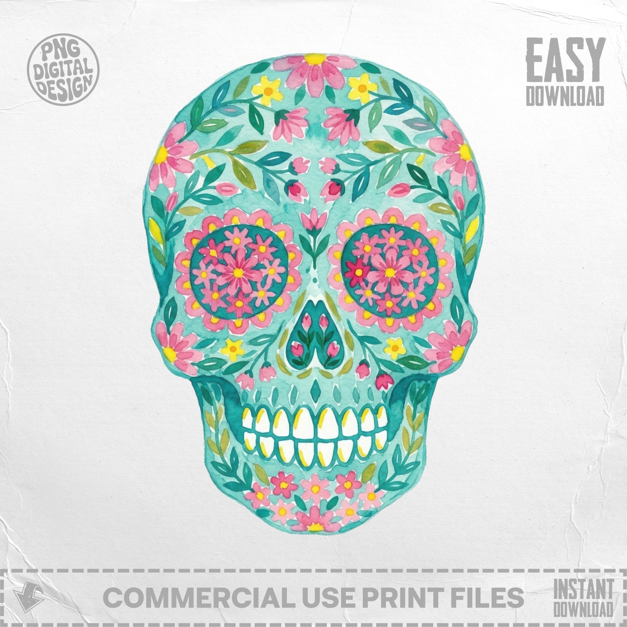 Watercolor skull with floral patterns and text "EASY DOWNLOAD".