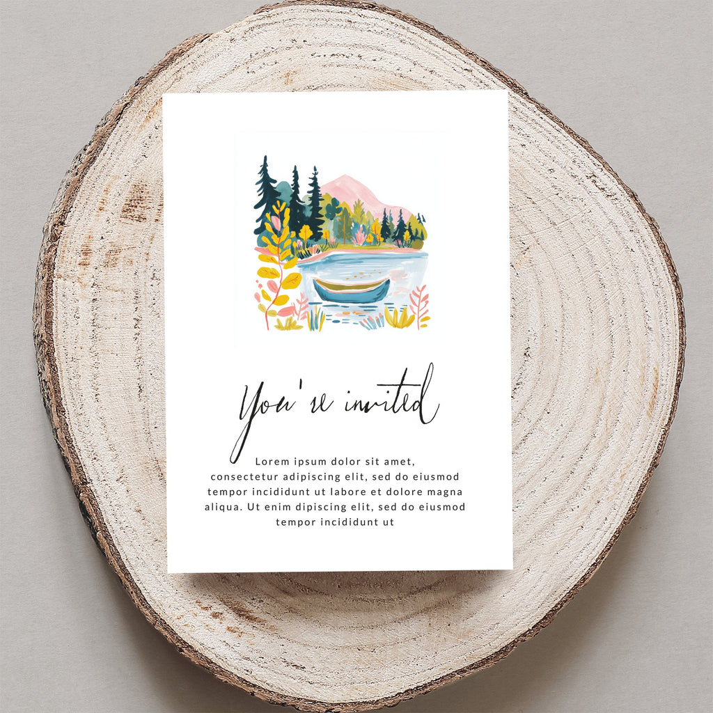 Invitation with landscape illustration and "You're invited" text.