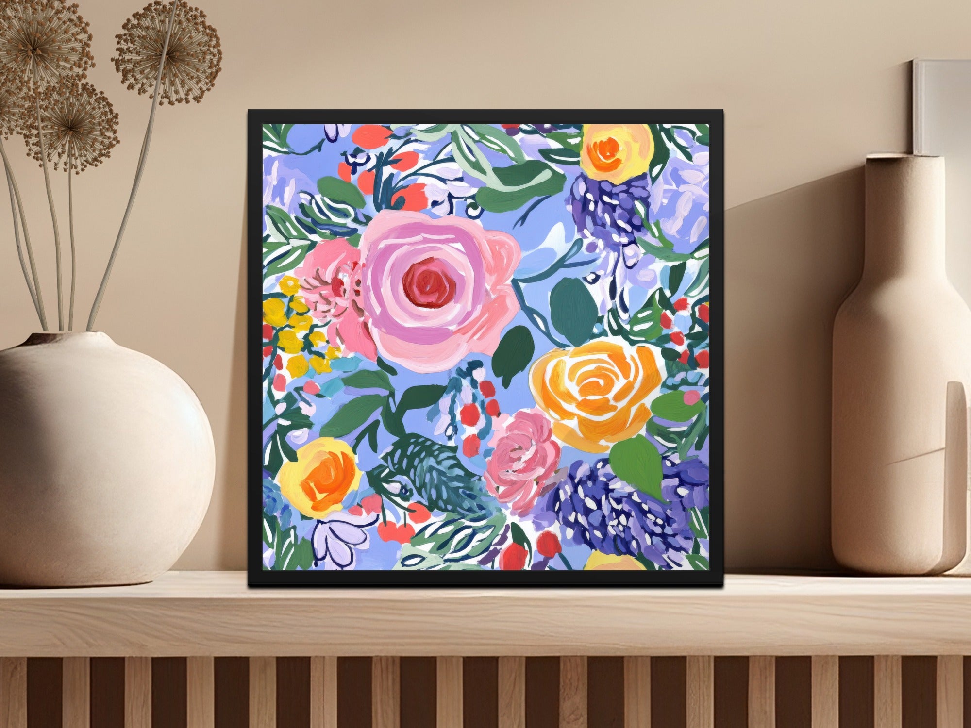 Fine Art Floral Seamless Pattern, Blue Pink Orange, Digital Paper, Gouache Floral Print, Fabric Design, Scrapbooking Paper