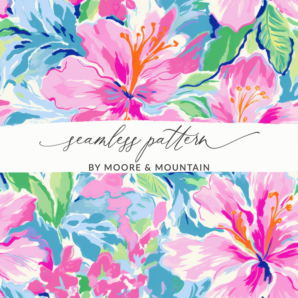Floral seamless pattern with pink hibiscus flowers, by Moore & Mountain.