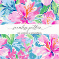 Floral seamless pattern with pink hibiscus flowers, by Moore & Mountain.