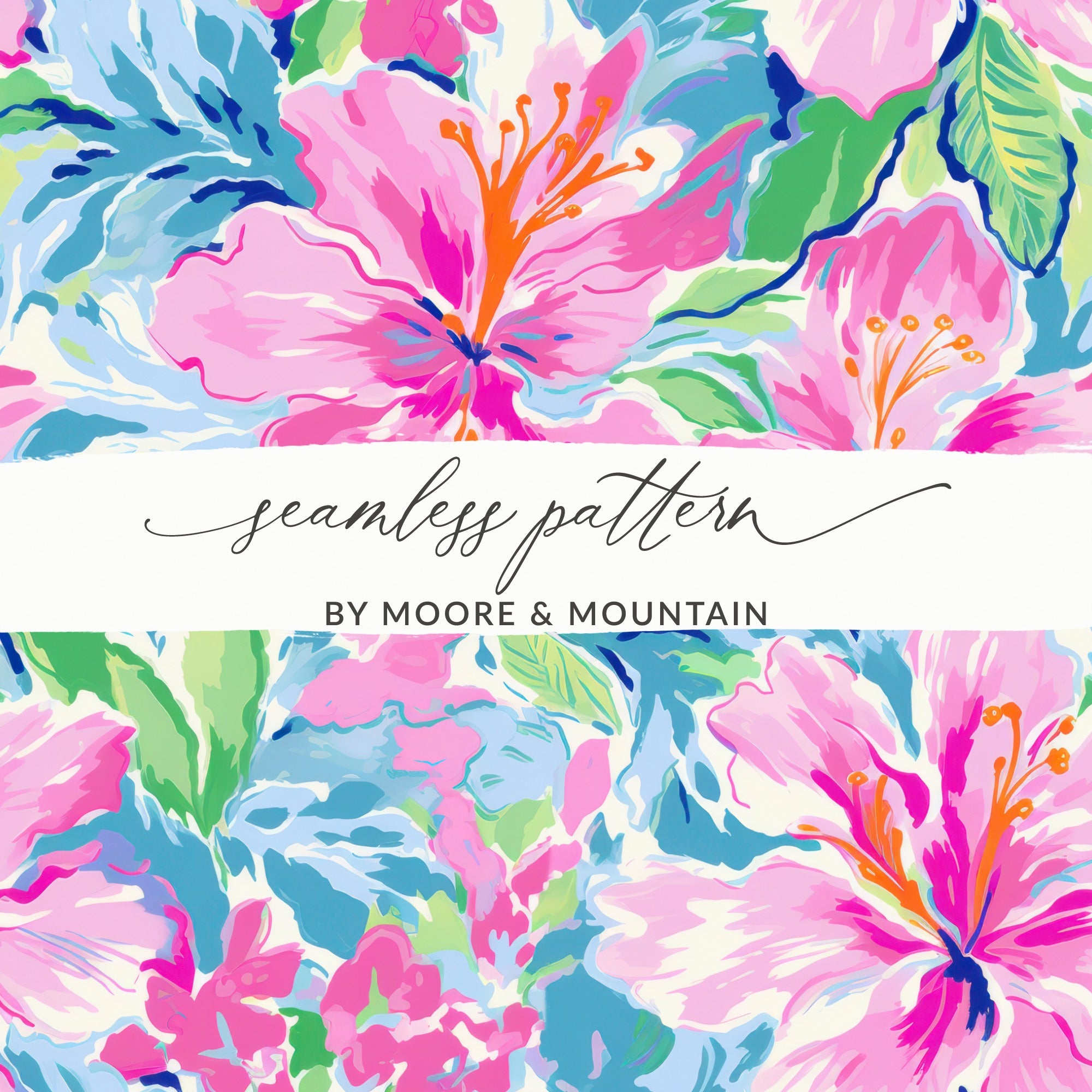Floral seamless pattern with pink hibiscus flowers, by Moore & Mountain.