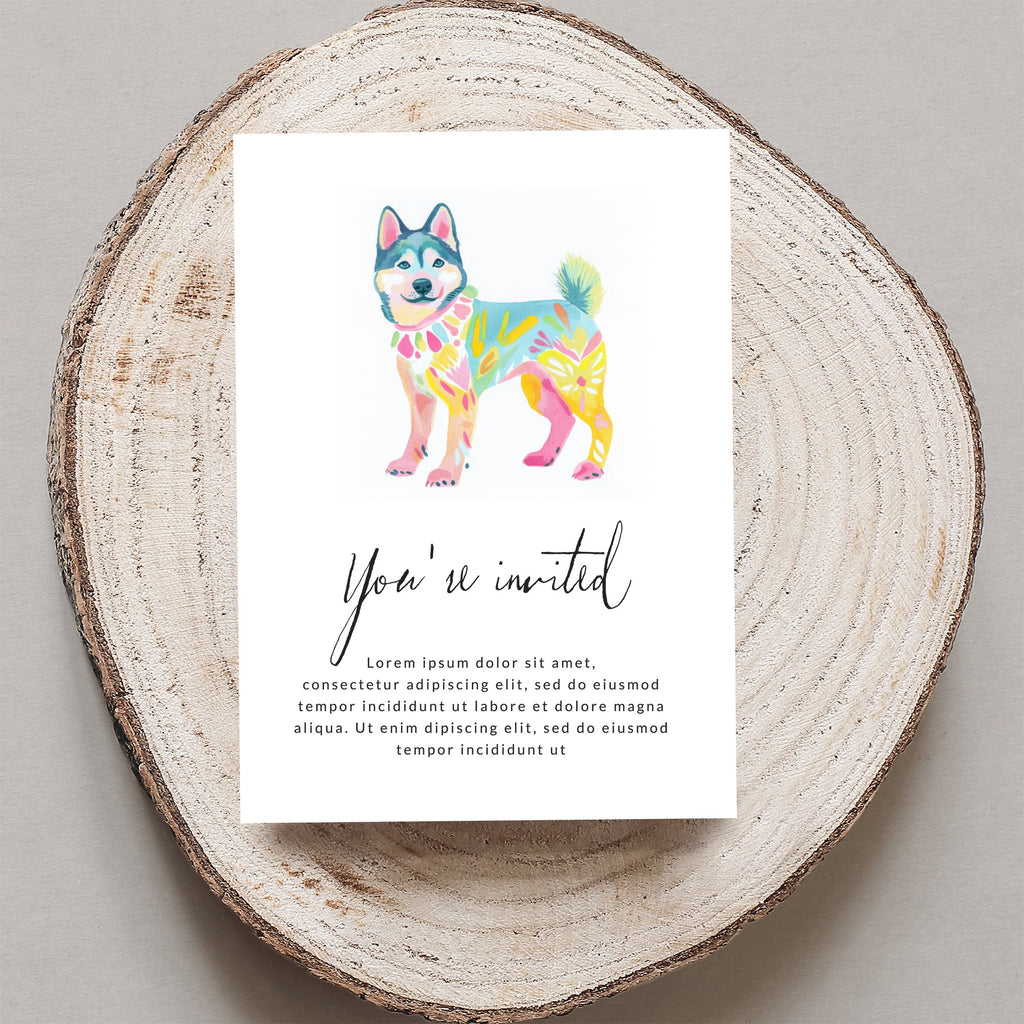 Watercolor husky on invitation card with "You're invited" text.