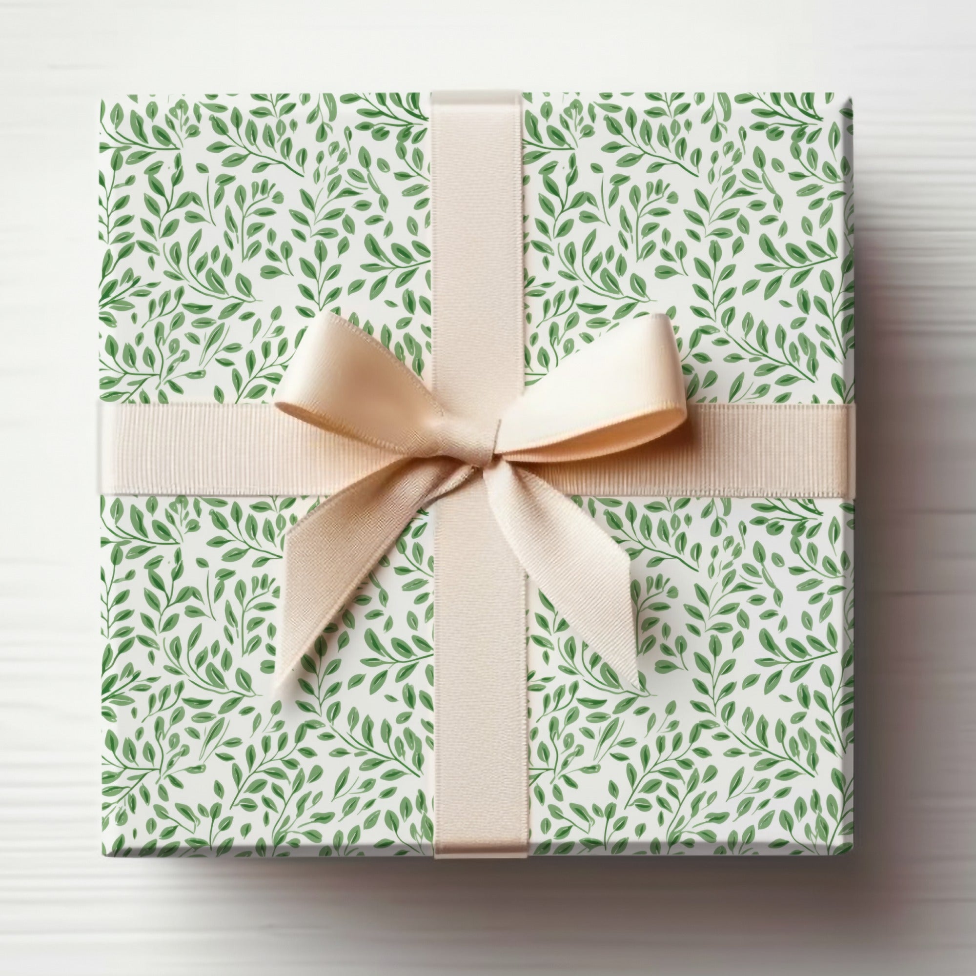 Elegant Green Leaf Pattern Gift Box Wrapped with Ribbon