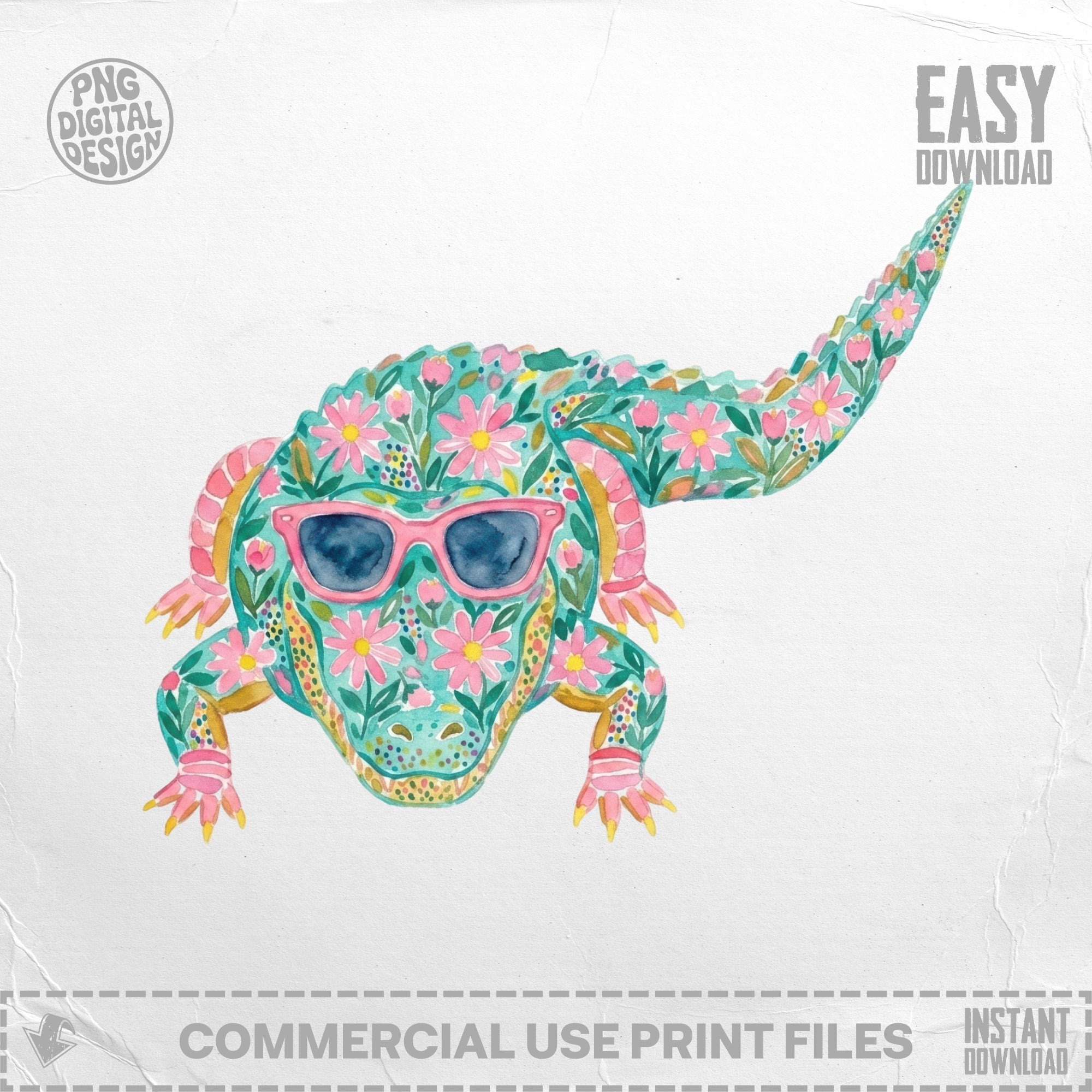 Floral alligator with pink sunglasses, watercolor illustration.