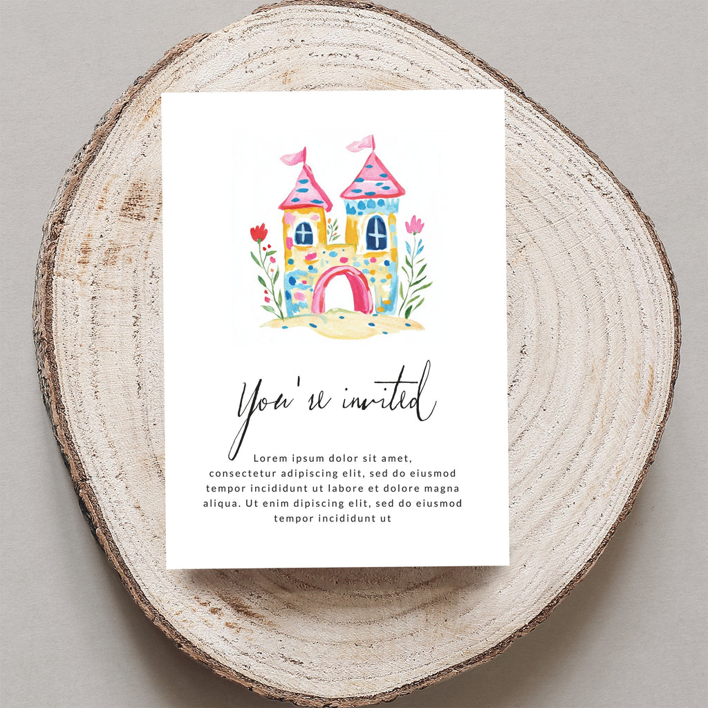 Watercolor castle invitation with "You're invited" text and placeholder copy.