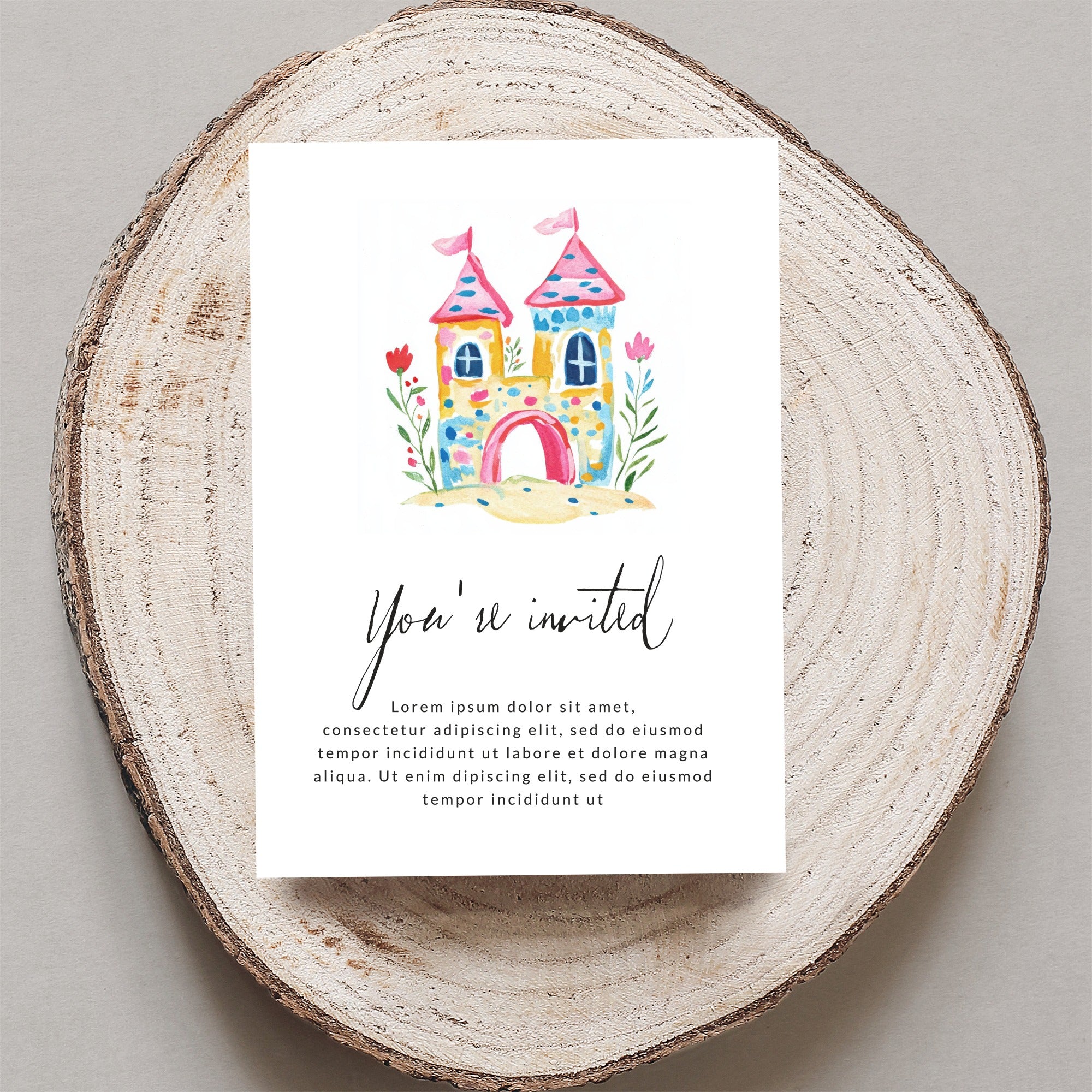 Watercolor castle invitation with "You're invited" text and placeholder copy.