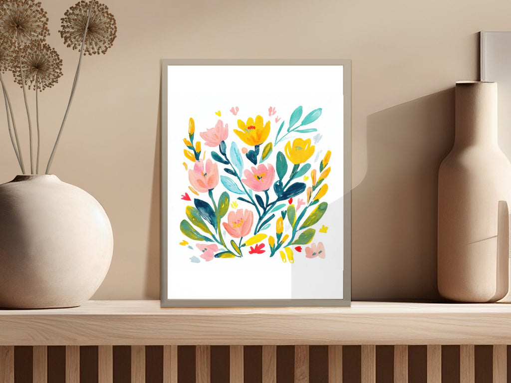 Colorful floral illustration in a gray frame on a shelf.