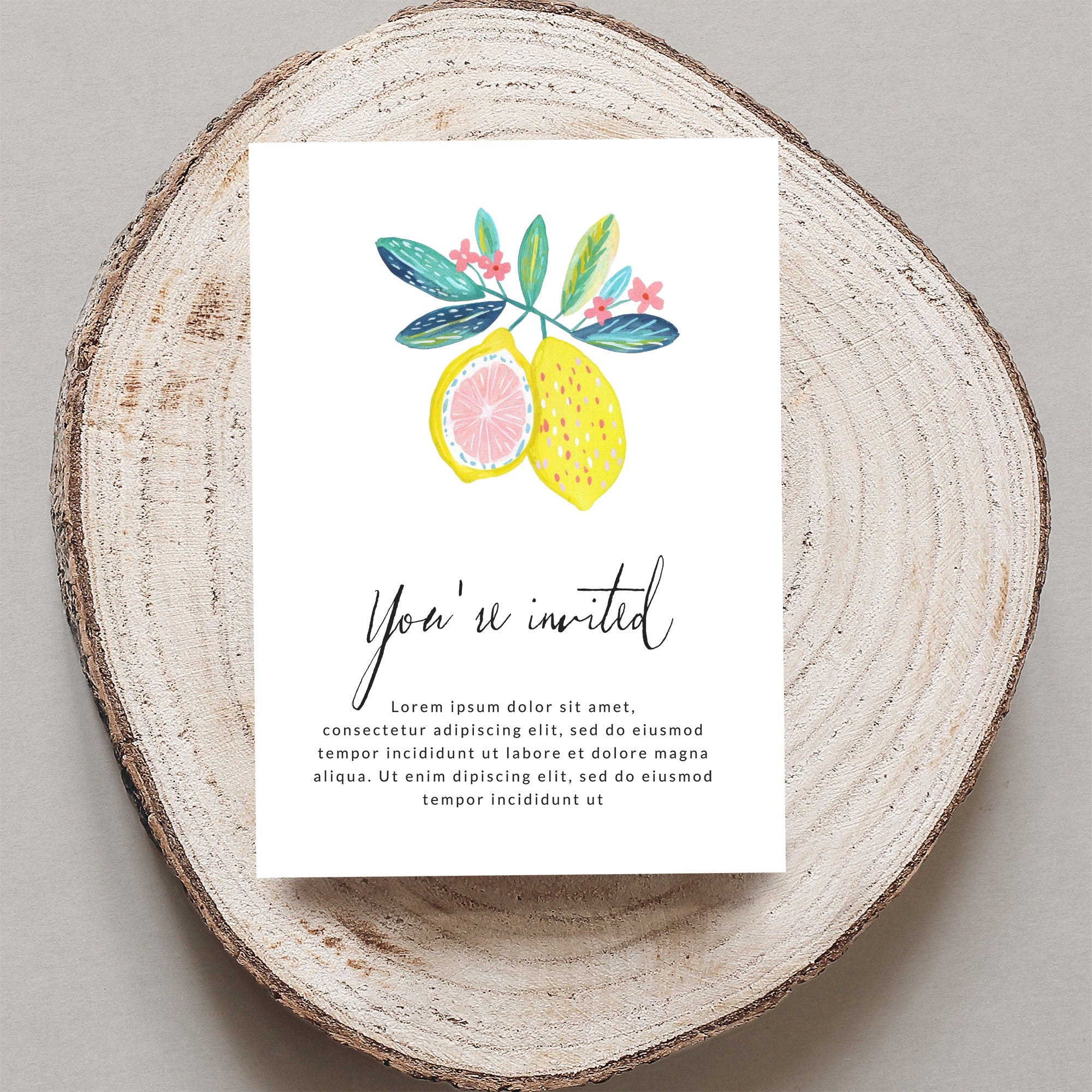 Invitation card with lemons and flowers, "You're invited" text, and placeholder copy.