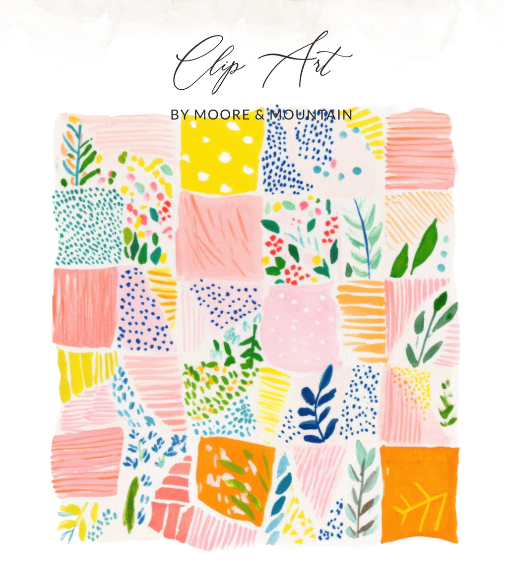 Colorful abstract quilt pattern with floral accents and watercolor texture.