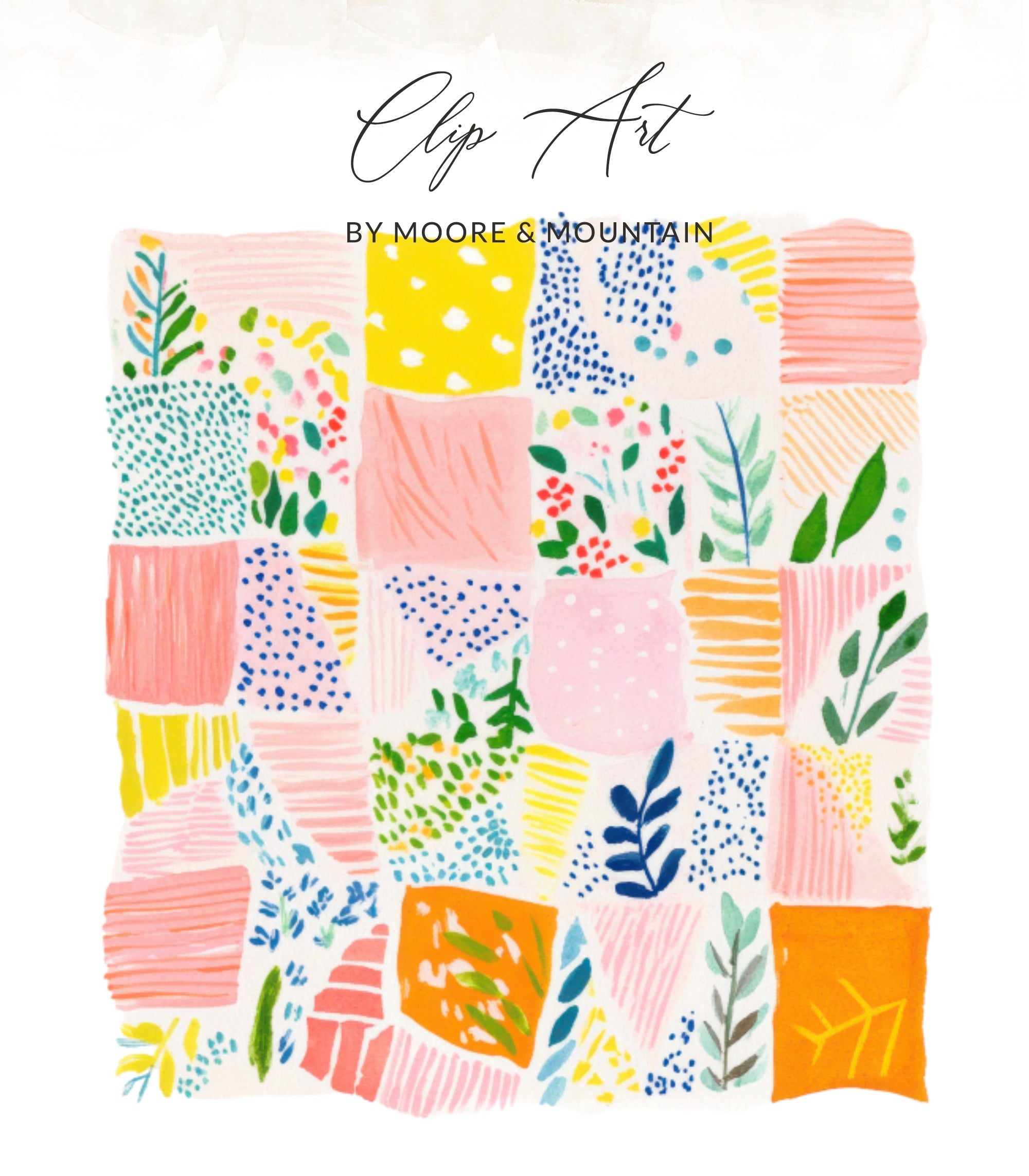 Colorful abstract quilt pattern with floral accents and watercolor texture.