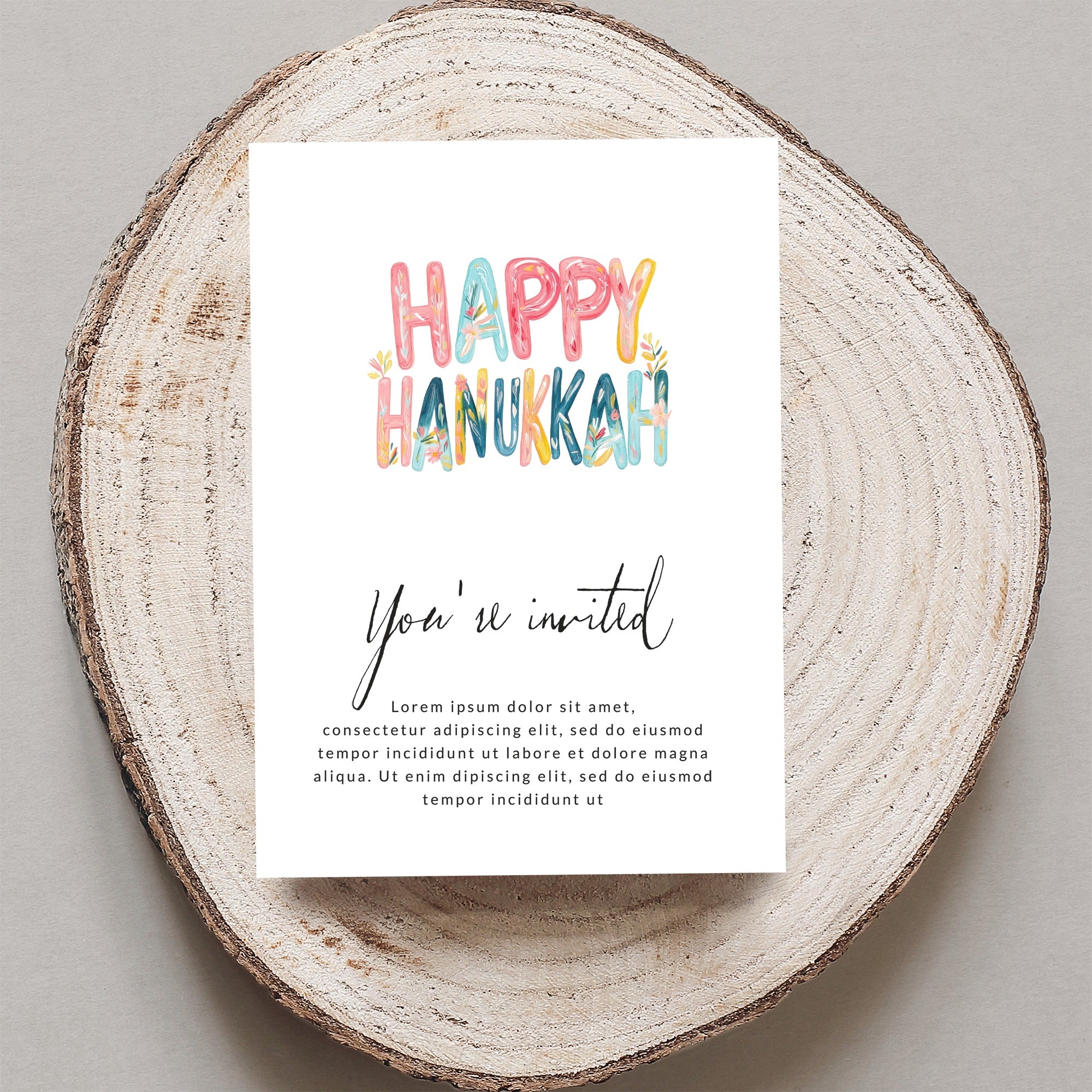 Invitation with "Happy Hanukkah" text and placeholder invitation details.