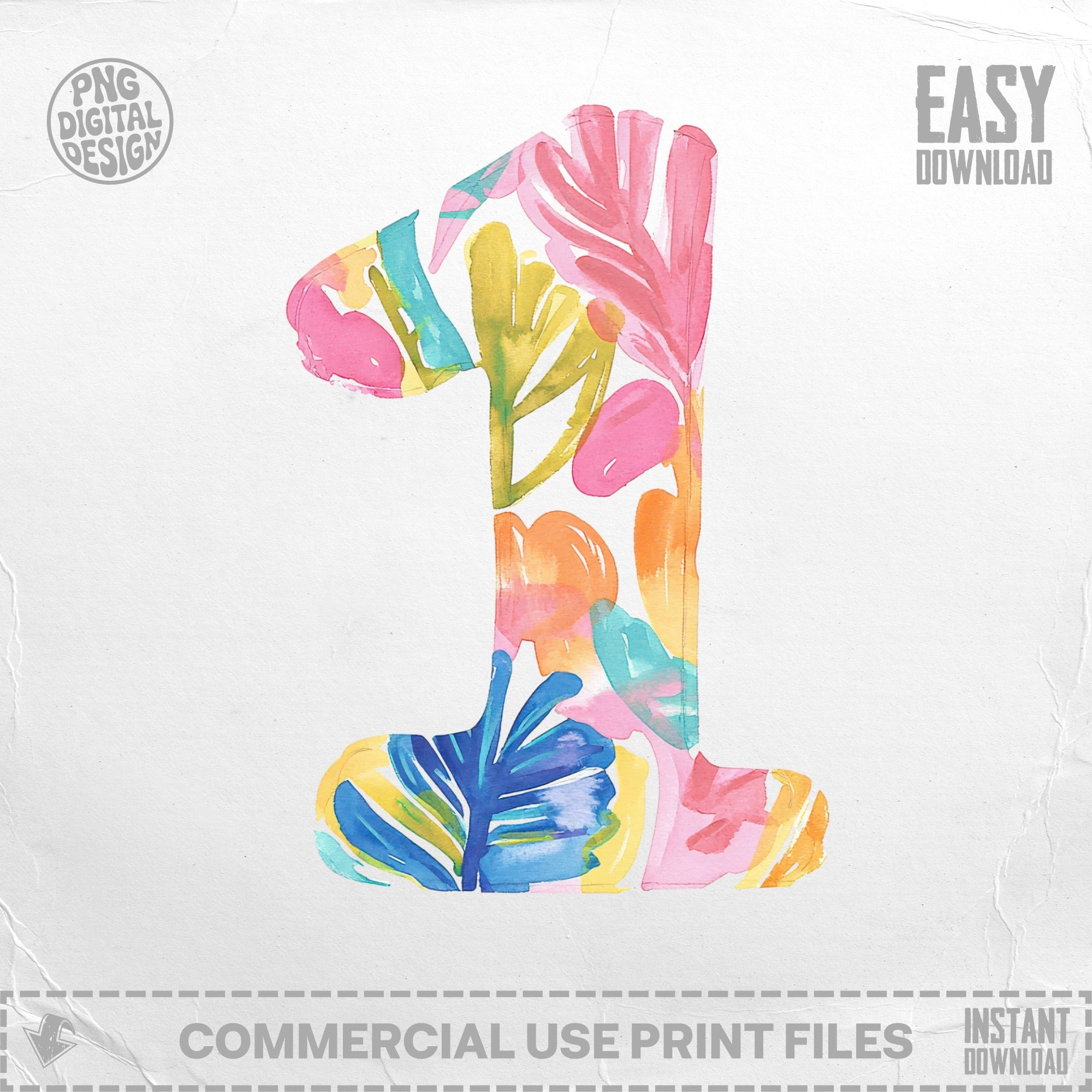 Colorful watercolor number one with tropical leaf patterns.