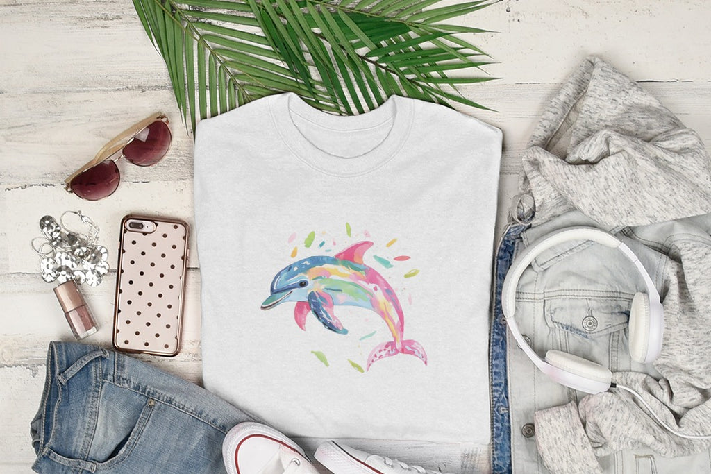 White t-shirt with a colorful watercolor dolphin graphic.