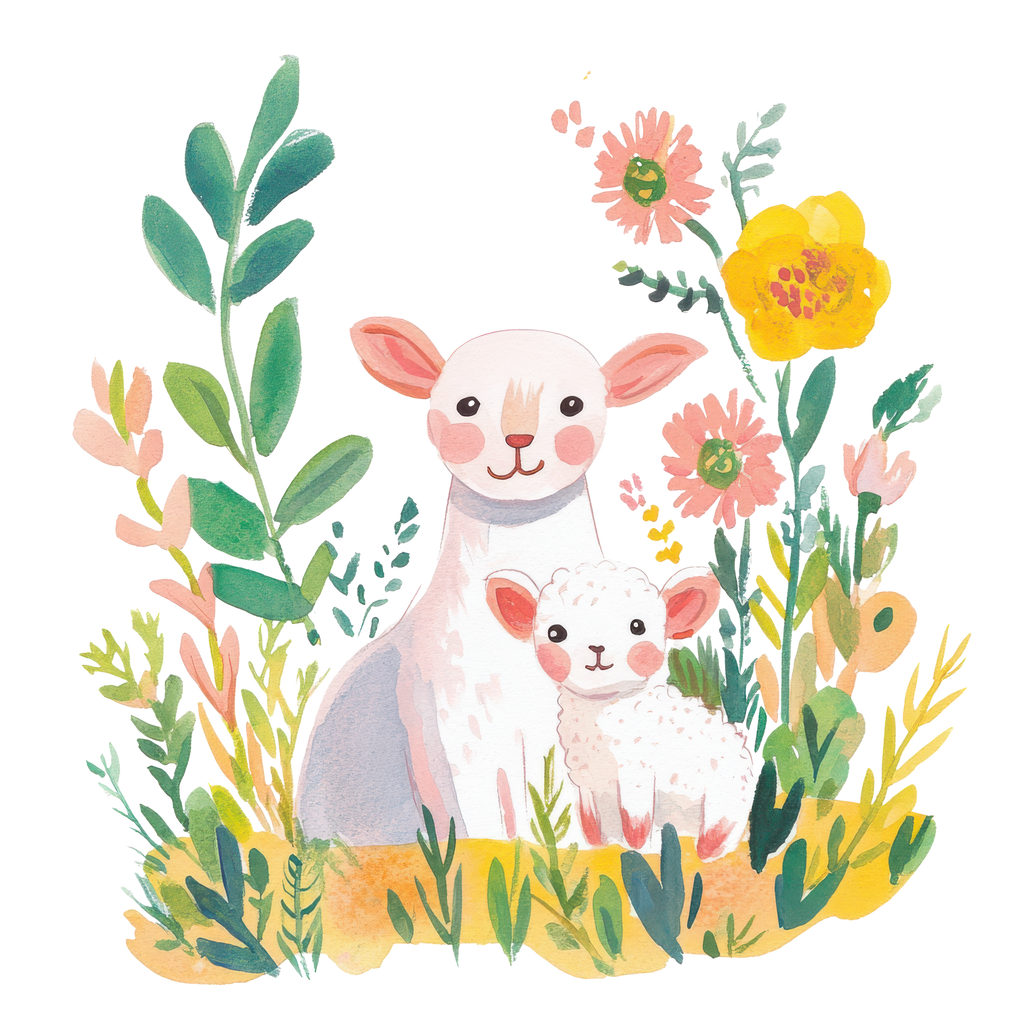 Two watercolor sheep, one adult and one lamb, surrounded by flowers and greenery.
