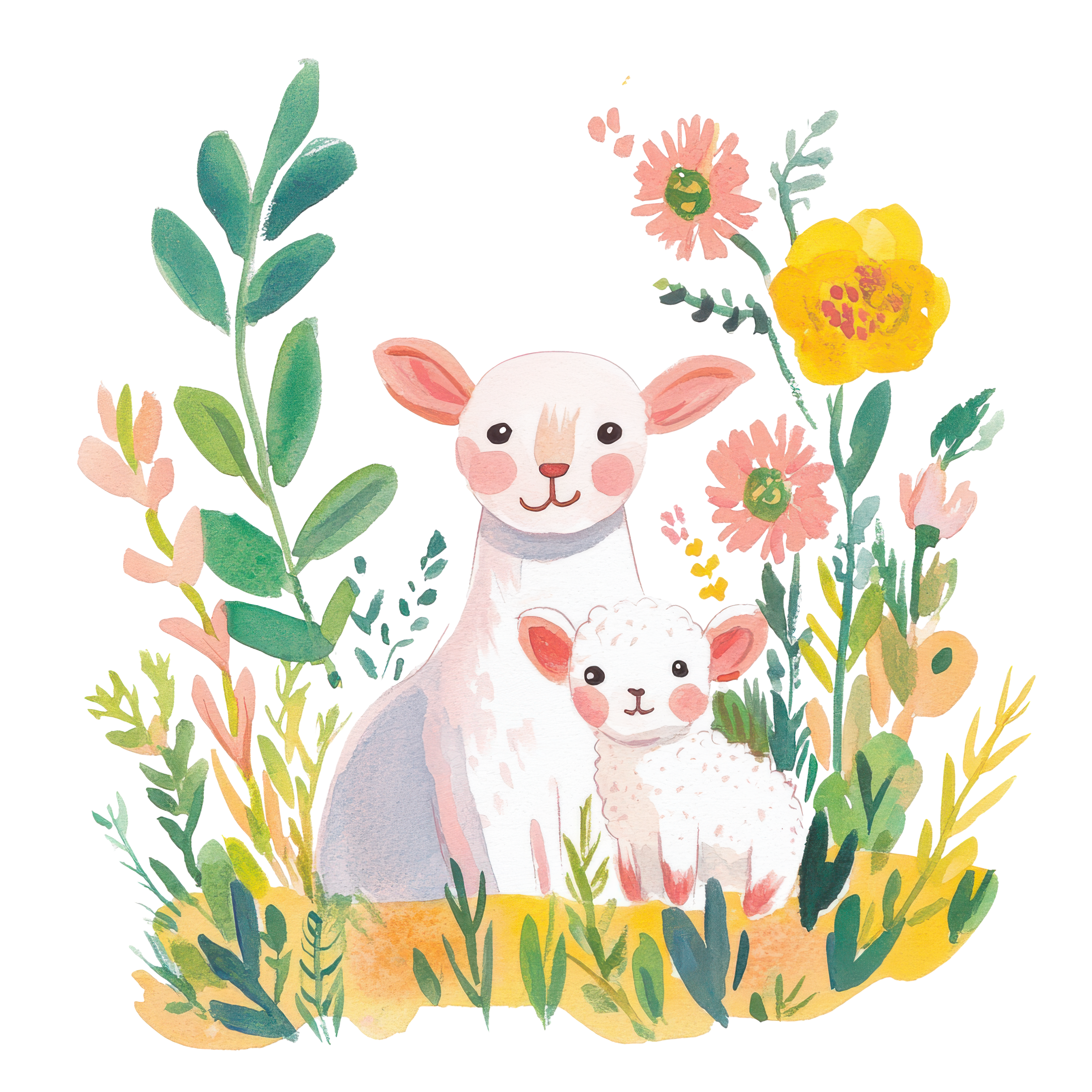 Two watercolor sheep, one adult and one lamb, surrounded by flowers and greenery.