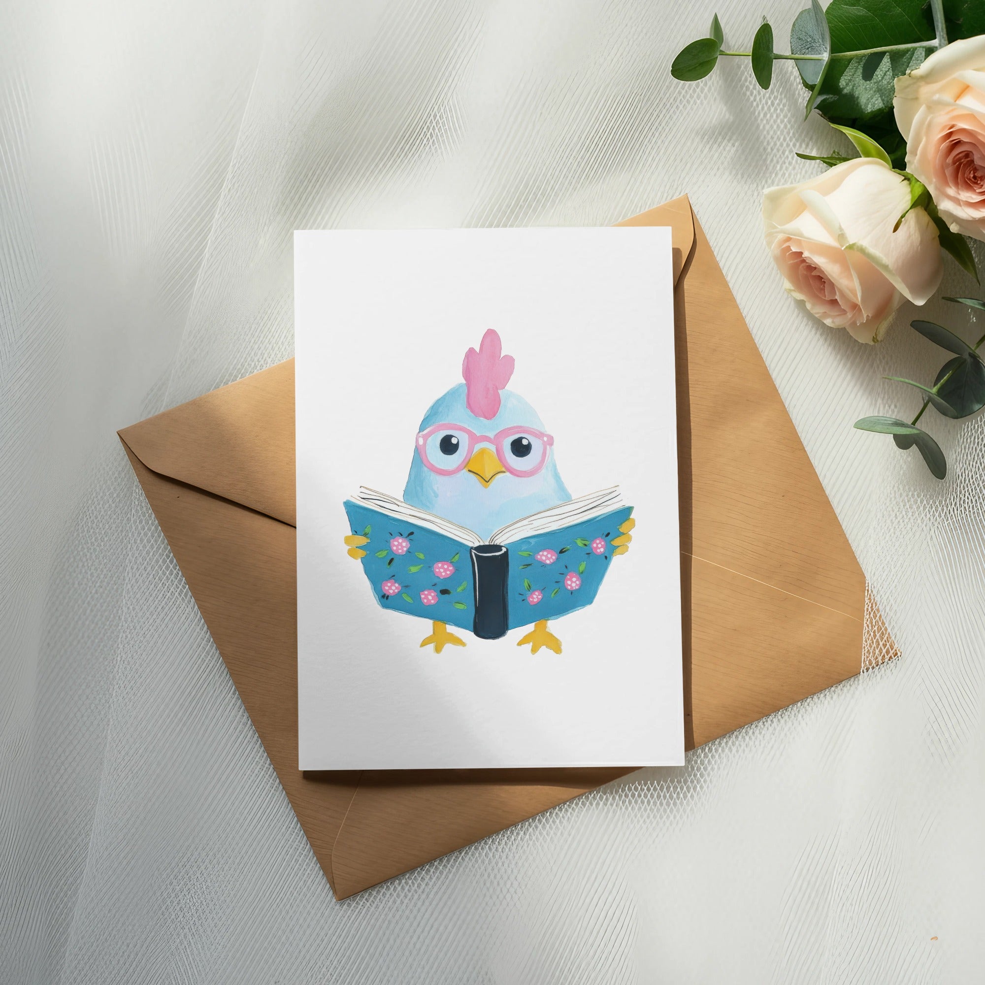 Illustration of a blue bird wearing glasses reading a book.