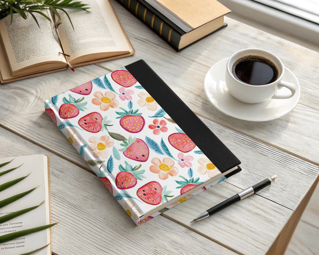 Journal with strawberry and floral pattern, pen, and coffee on a wooden desk.