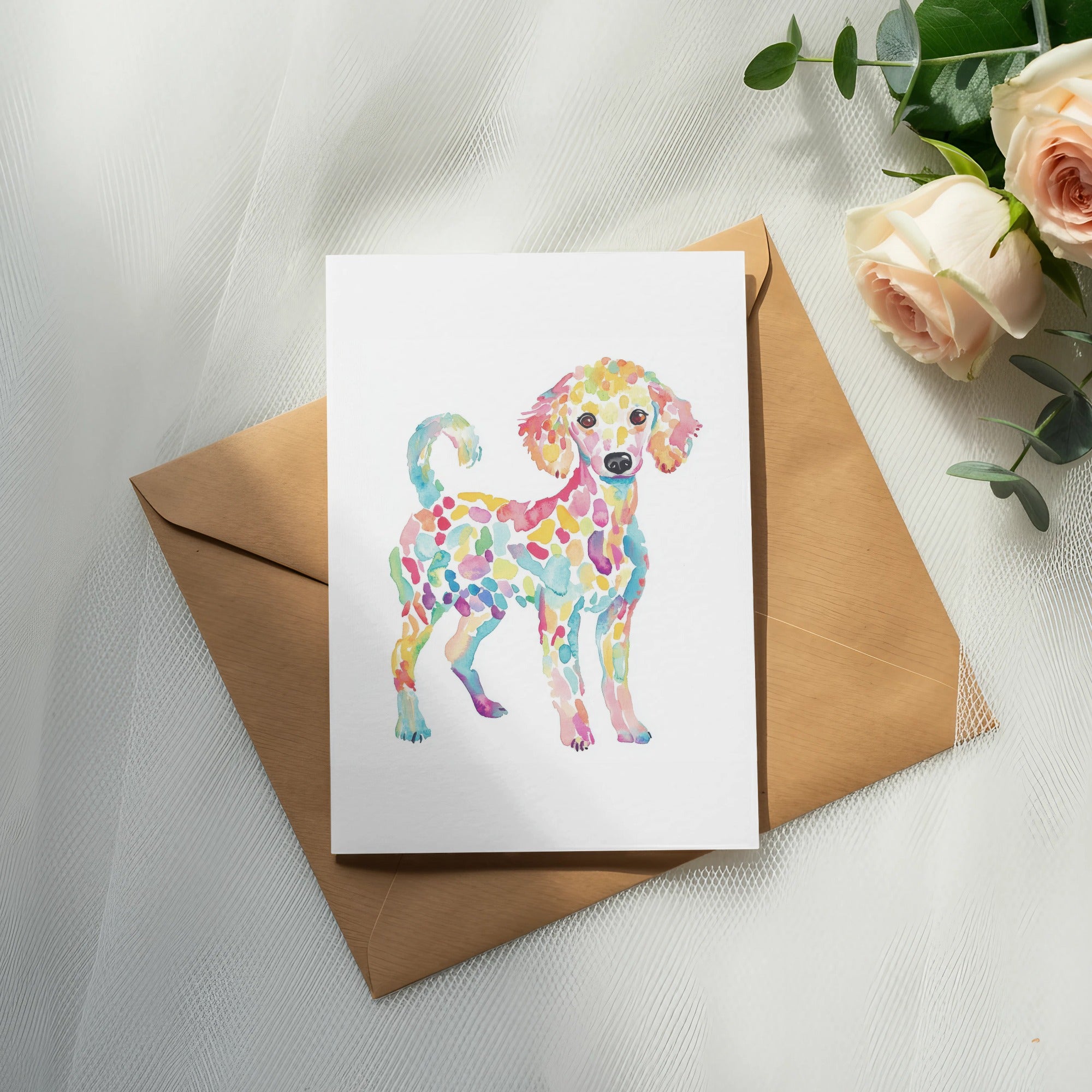 Watercolor poodle illustration on a white card, with a brown envelope.