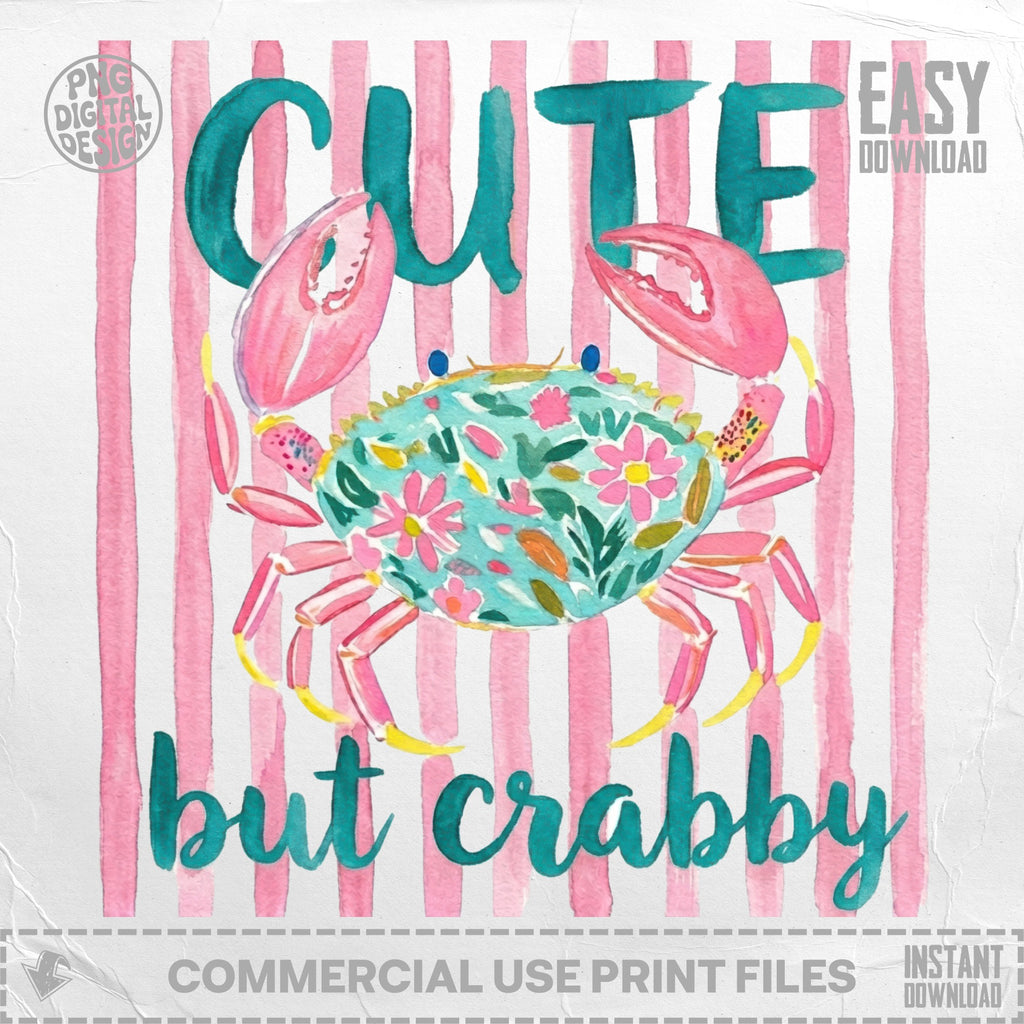 Pink crab with floral design on striped background, text reads "cute but crabby".