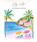 Watercolor beach scene with colorful buildings, umbrellas, and lounge chairs.