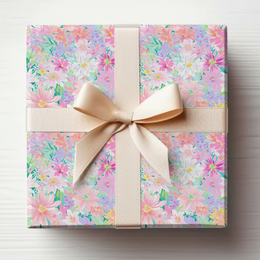 Elegant Floral Gift Wrap with Pink Ribbon Design