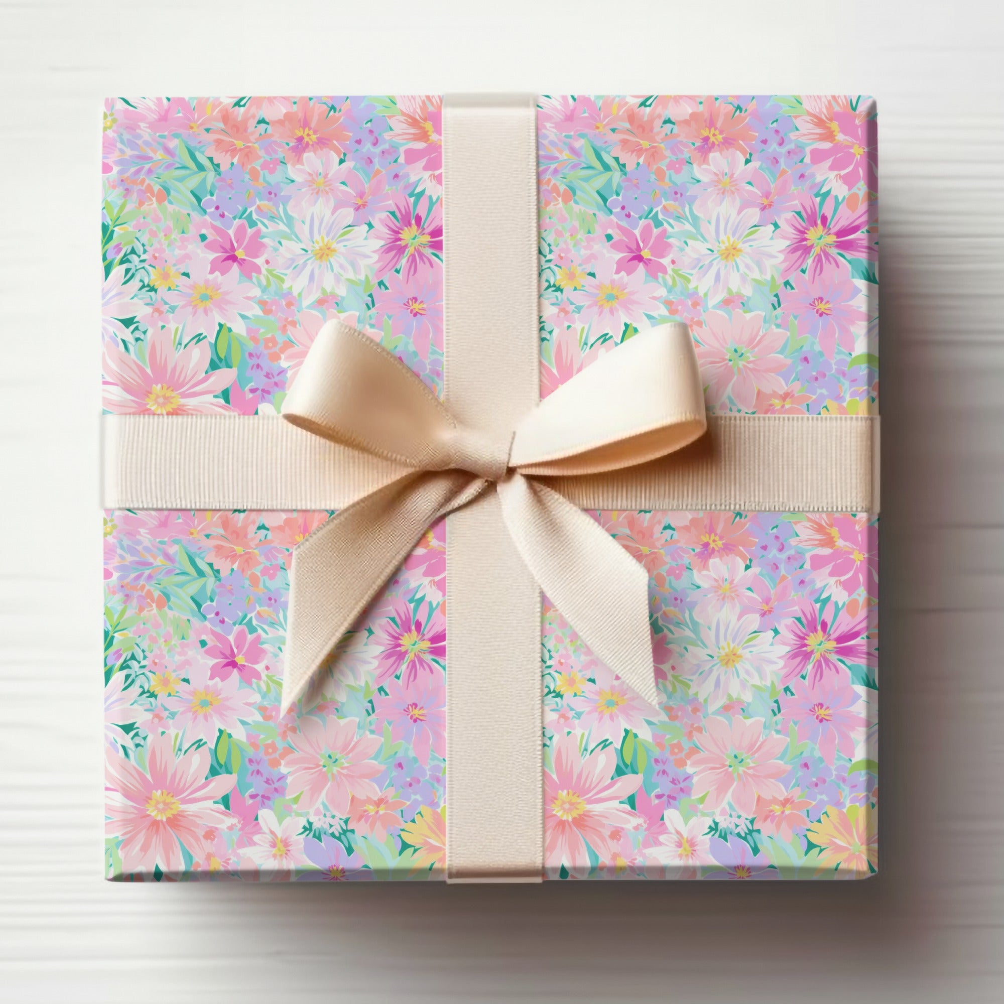 Elegant Floral Gift Wrap with Pink Ribbon Design