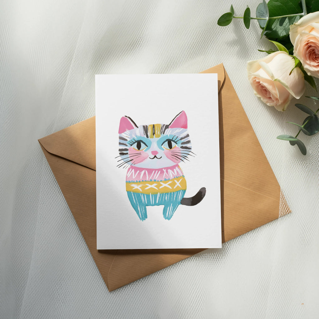 Card with a watercolor illustration of a colorful cat sitting on a brown envelope.