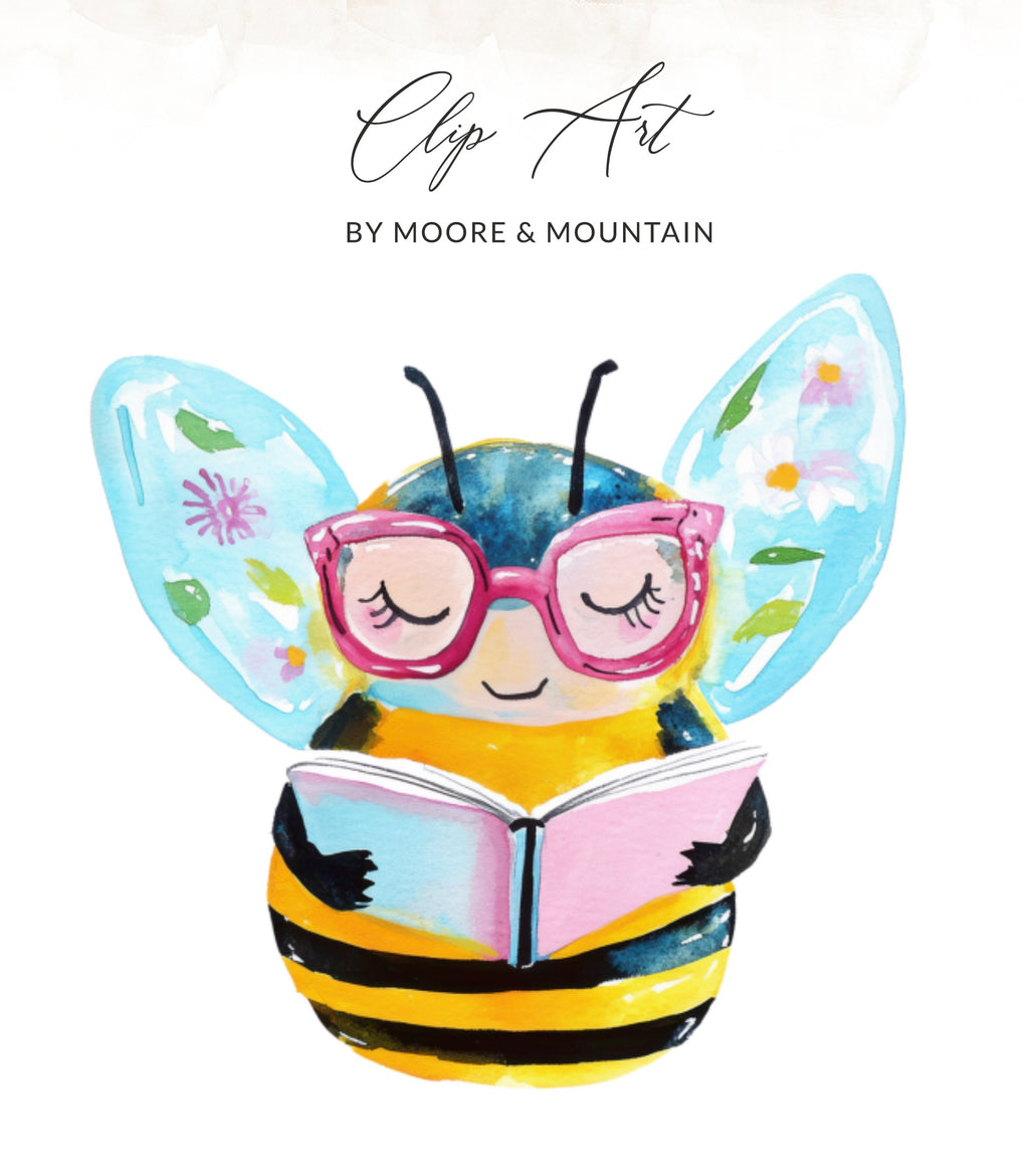 Bee wearing glasses reads a book with watercolor wings.